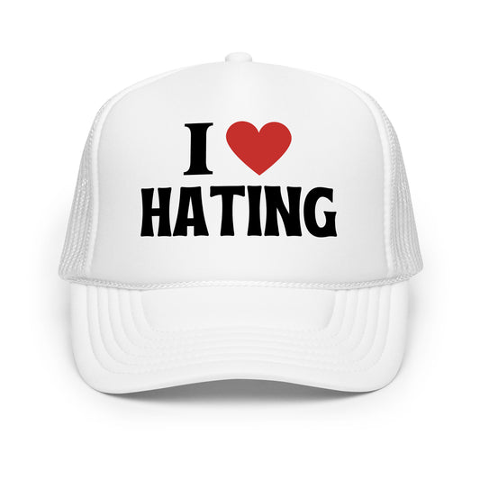 Funny mesh trucker hat with bold white text that says “I Love Hating” — a hilarious hat for men featuring sarcastic humor, crazy energy, and top funny hat sayings perfect for everyday wear, parties, or gifting.