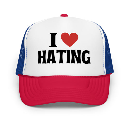 Funny mesh trucker hat with bold white text that says “I Love Hating” — a hilarious hat for men featuring sarcastic humor, crazy energy, and top funny hat sayings perfect for everyday wear, parties, or gifting.
