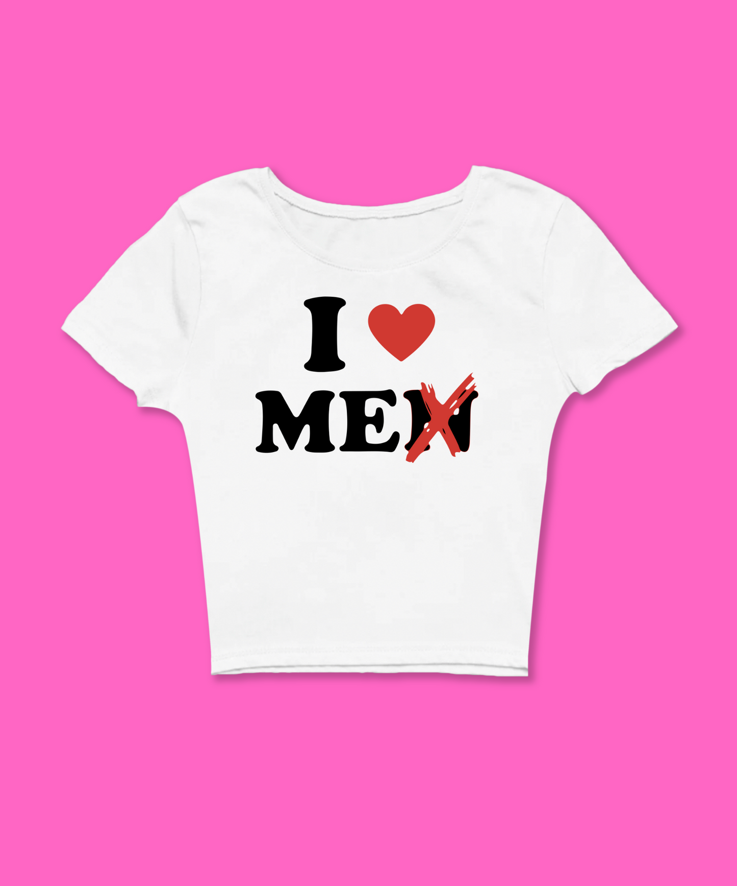 I Love Men Baby Tee featuring a bold graphic and Y2K aesthetic. This funny baby tee is a women’s crop top available as a black baby tee or white baby tee, perfect for those who love graphic baby tees and Y2K baby tee fashion.