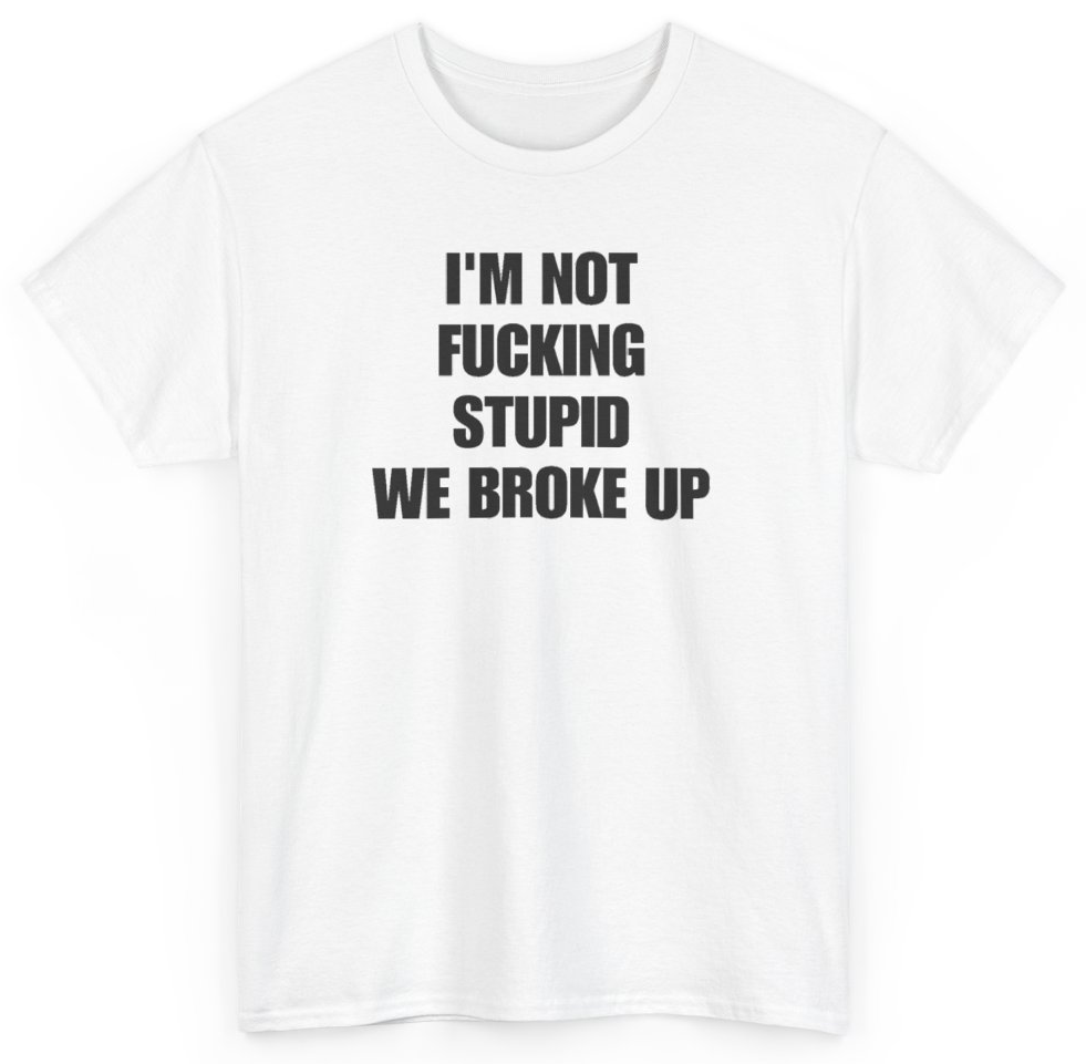 Funny I'm Not Fucking Stupid We Broke Up T-Shirt featuring bold sarcastic humor and graphic design, perfect for casual wear and humor lovers