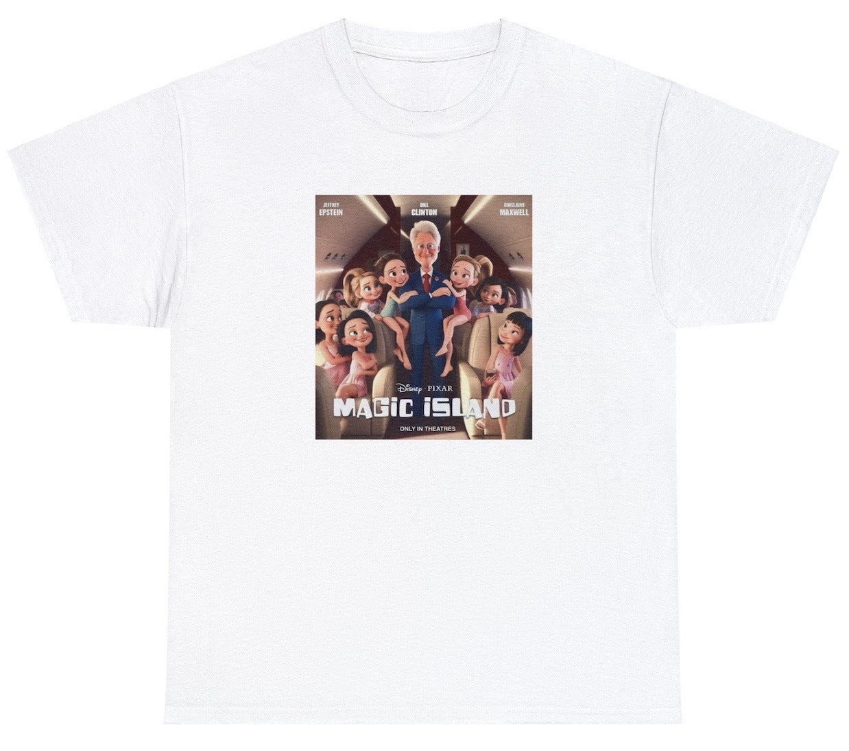 "Bold 'Jeffrey Epstein Magic Island' t-shirt, perfect for fans of dark humor and edgy statements. Ideal for casual wear and provocative gifts."