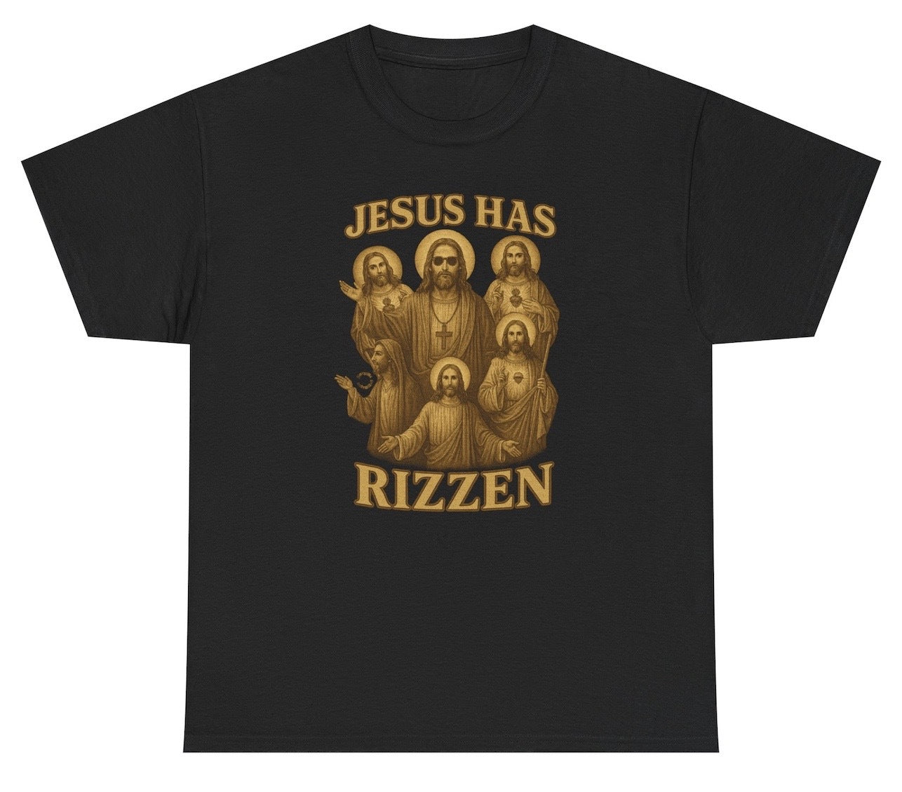 Vintage-style graphic featuring six depictions of Jesus Christ in sepia tones with humorous swagger, arranged symmetrically beneath bold arched text reading "JESUS HAS RIZZEN." The design is a Gen Z parody of the Easter phrase “He is Risen,” blending traditional Christian imagery with ironic meme aesthetics, divine drip, and playful resurrection energy.