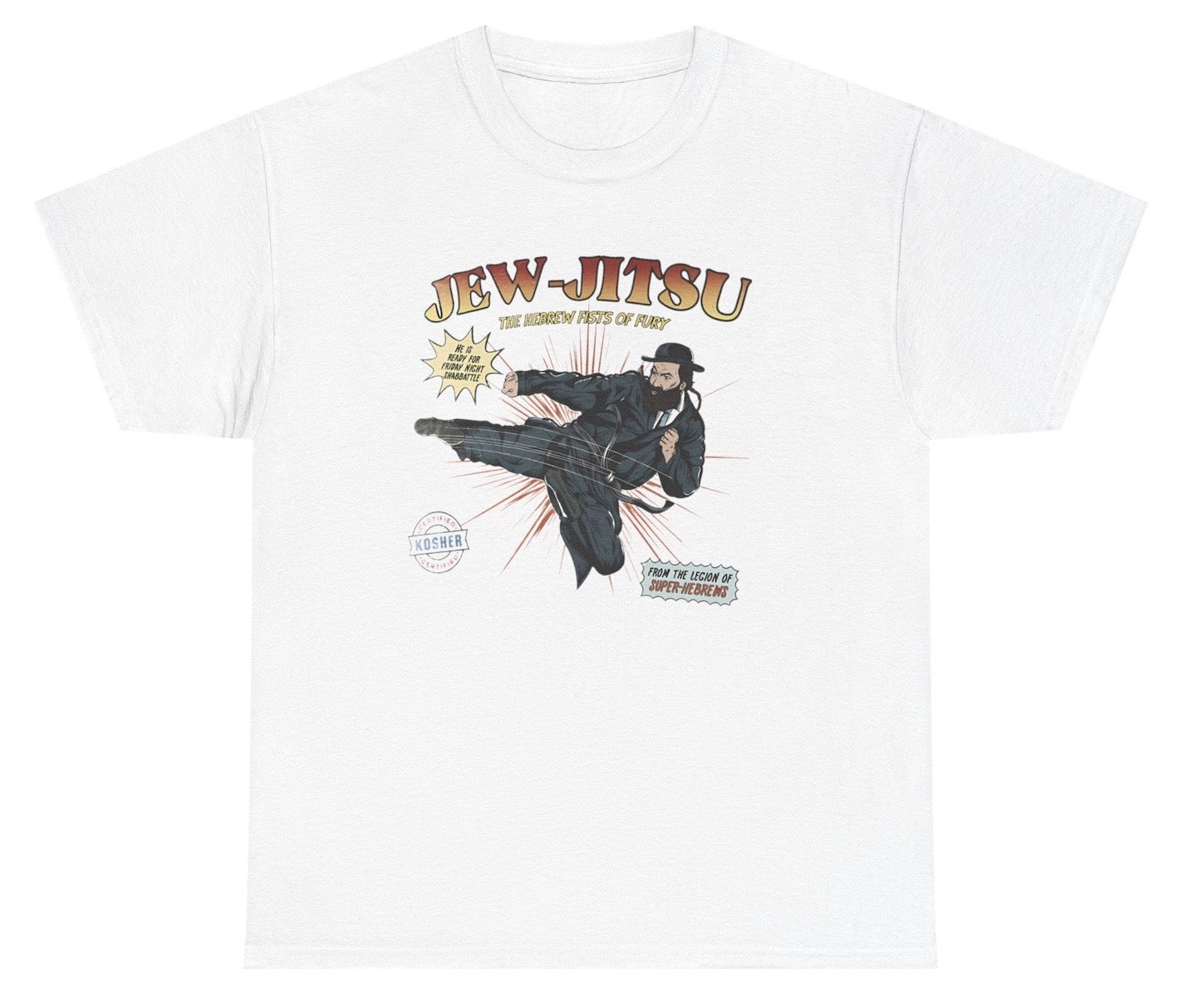 Funny "Jew Jitsu" T-shirt featuring a martial artist in Jiu-Jitsu training with clever humor. Perfect for casual wear, BJJ training sessions, and gag gifts.