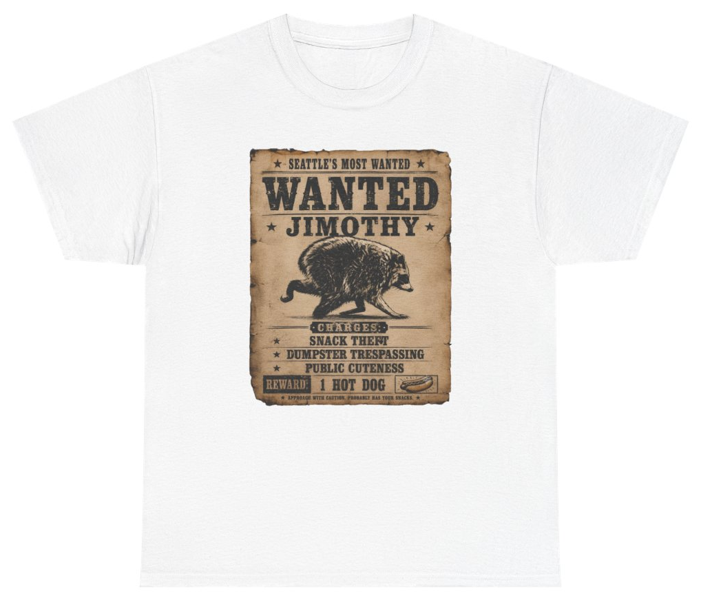 Funny Jimothy Seattles Most Wanted T-Shirt featuring bold sarcastic humor and graphic design, perfect for casual wear and humor lovers