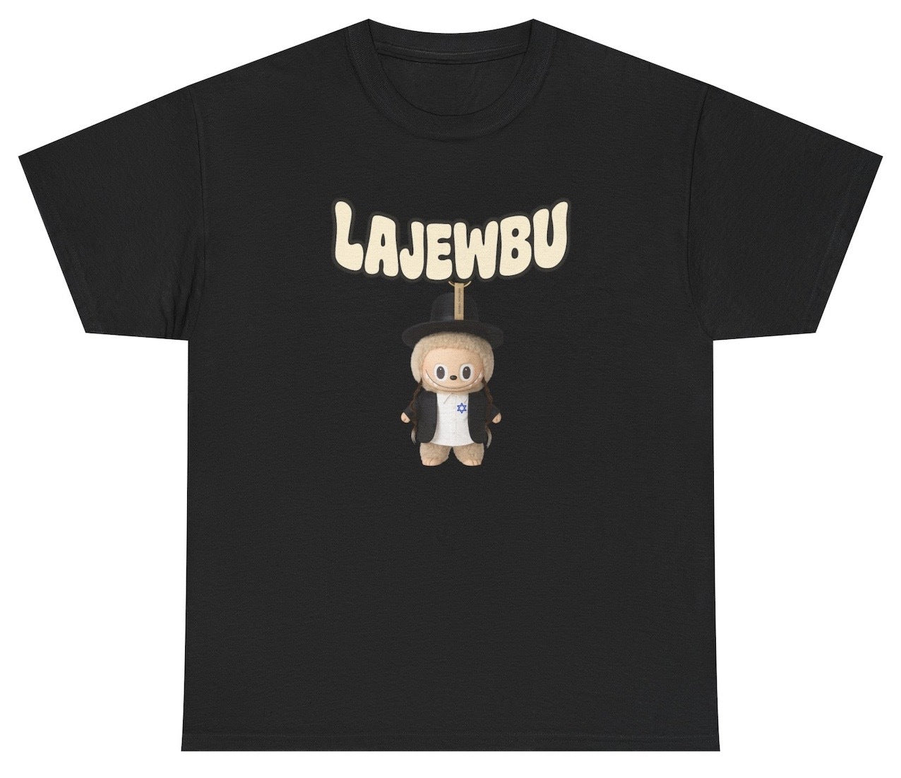 Funny “Lajewbu” tee serves unapologetic humor with a controversial twist, parodying the viral Labubu doll through a Jewish lens.