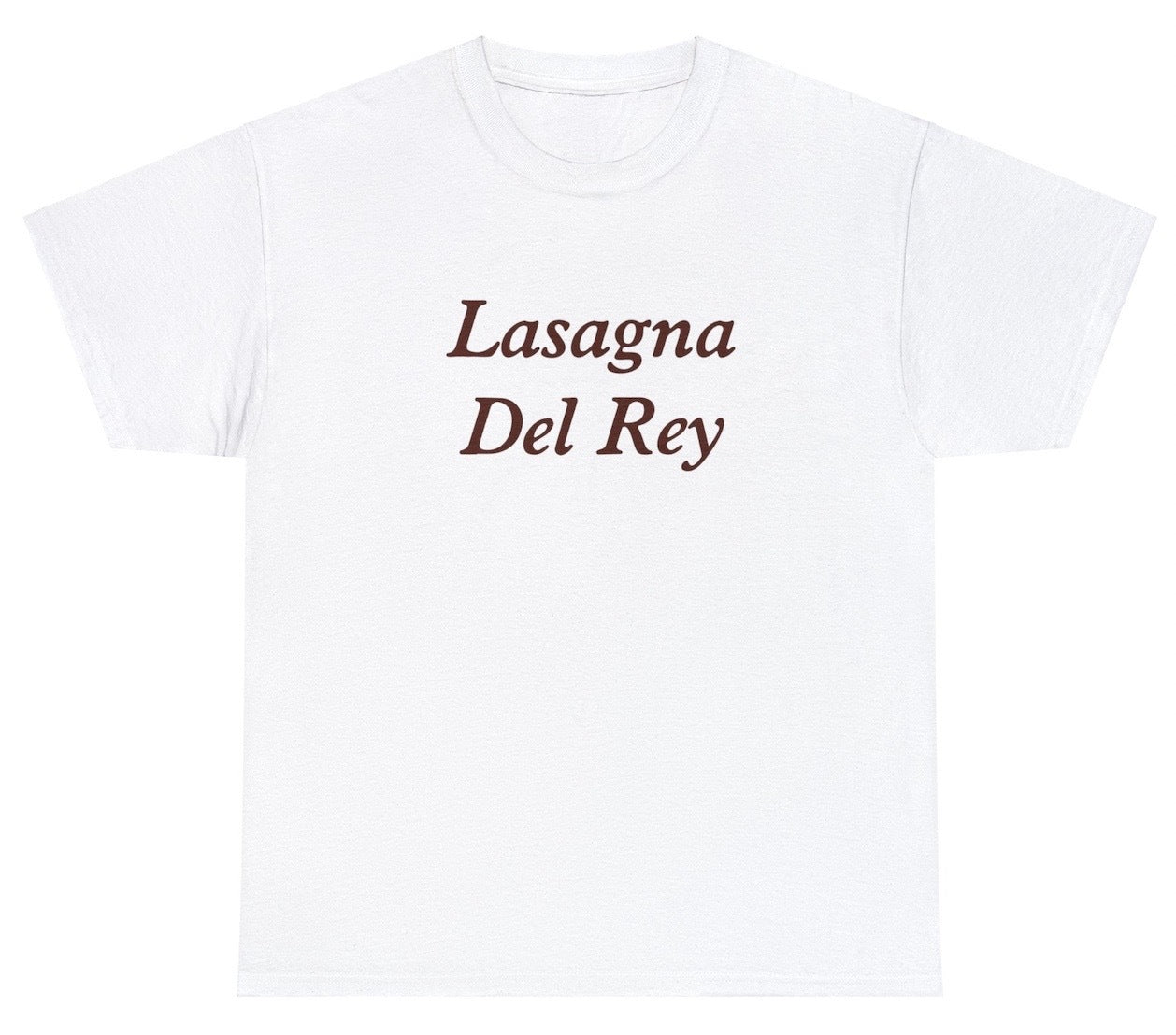 "Playful 'Lasagna Del Rey' t-shirt, perfect for fans of wordplay and pop culture humor. Ideal for casual wear and funny gifts."