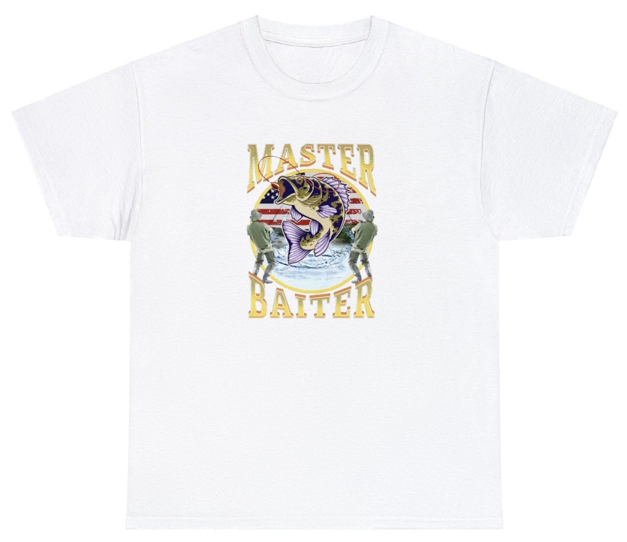 "Playful 'Master Baiter' t-shirt, perfect for fans of fishing humor and witty wordplay. Ideal for casual wear and fishing trips."