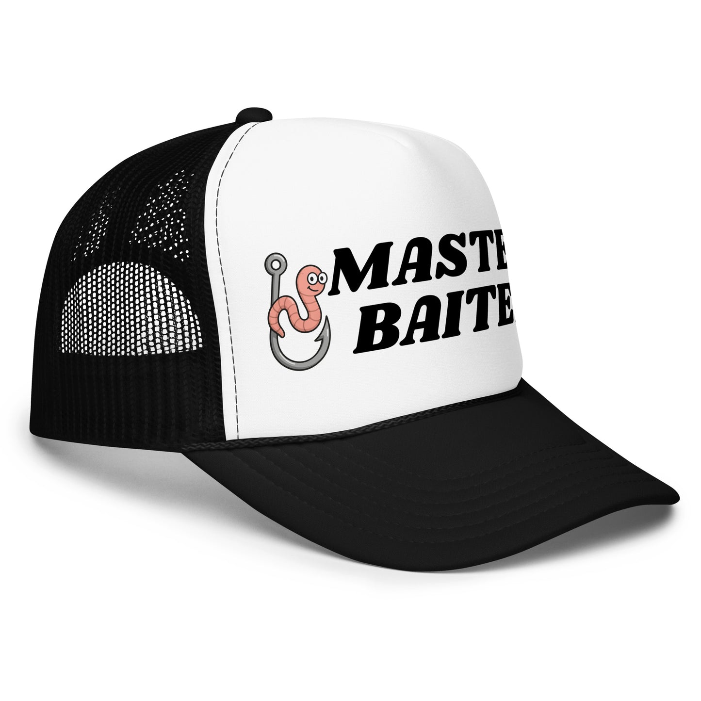 Funny fishing trucker hat for men with bold text that says “Master Baiter” — an inappropriate mesh-back hat perfect for fishermen who love dirty jokes, hilarious sayings, and funny hats for men with crazy outdoor humor.