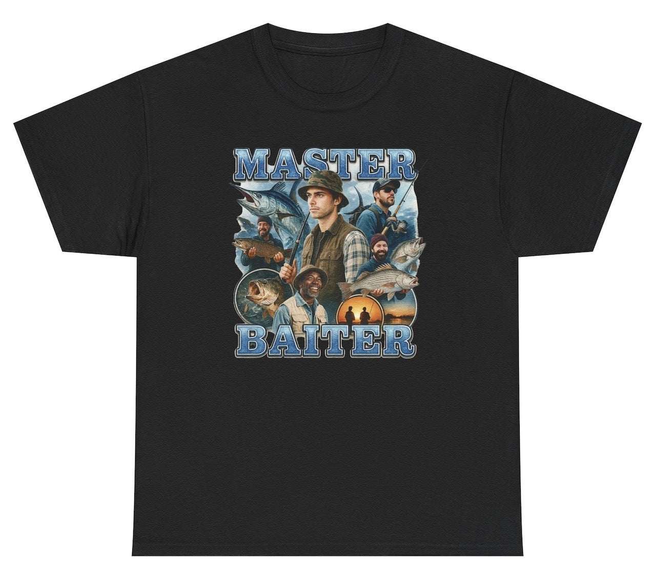 Funny fishing pun black shirt that says "Master Baiter" with playful graphic, perfect for outdoorsmen, dirty joke lovers, and gag gift ideas.