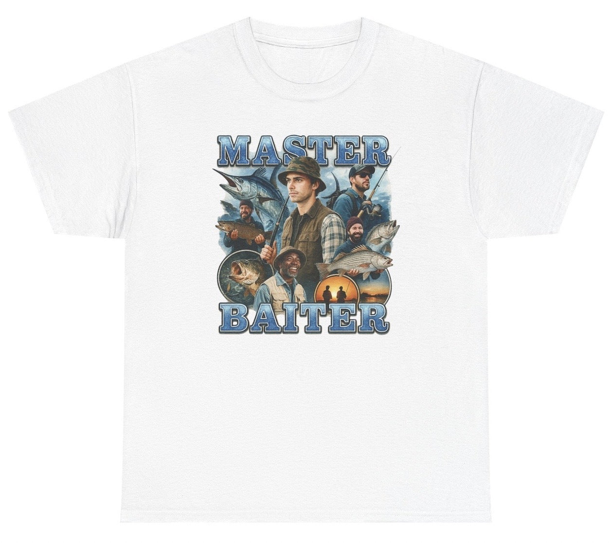 Funny fishing pun shirt that says "Master Baiter" with playful graphic, perfect for fisherman, dirty joke lovers, and gag gift ideas.