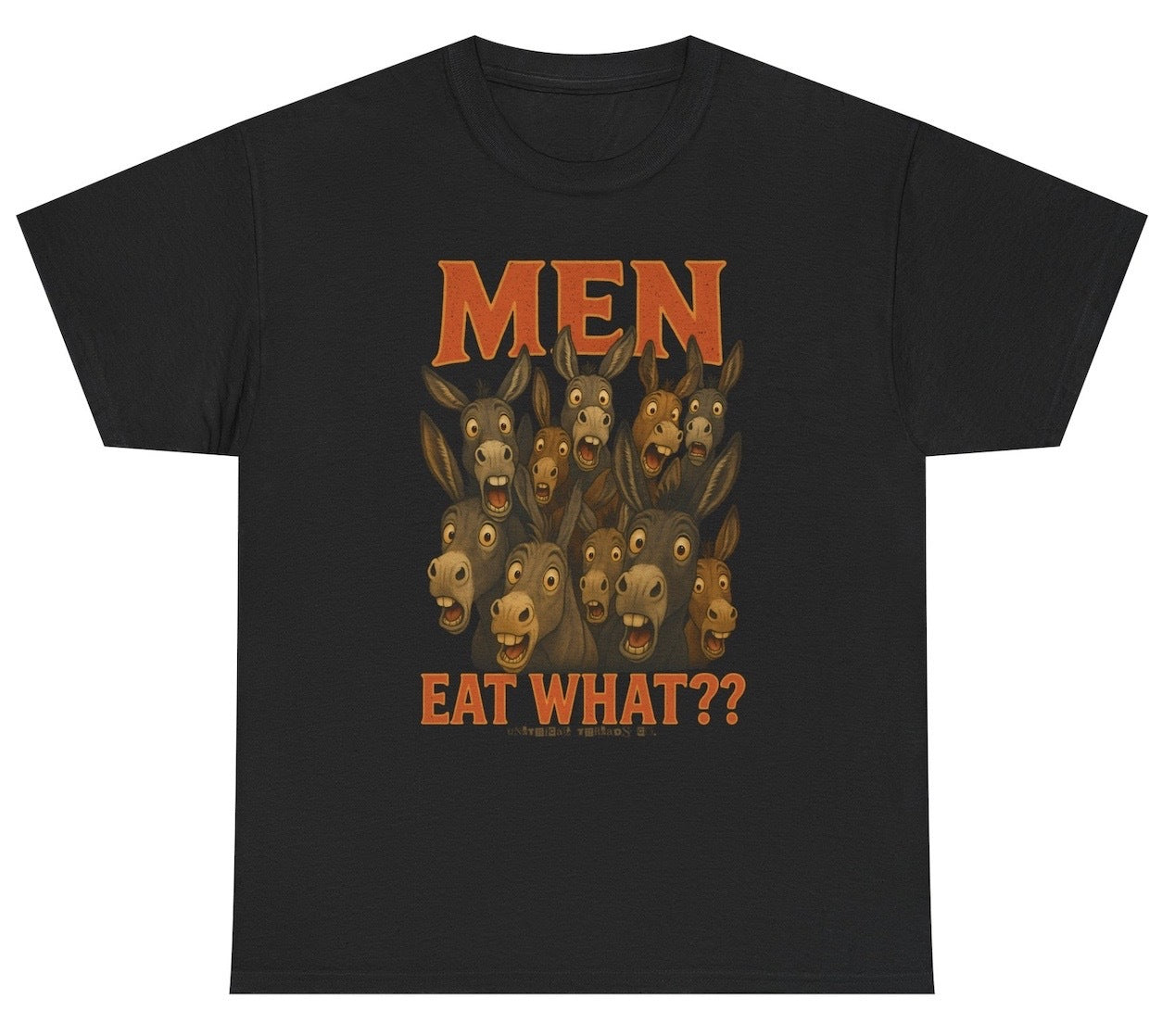 Funny inappropriate shirt with a shocked donkey graphic and bold text saying “Men Eat What?!” Perfect adult humor tee for meme lovers, party outfits, and gag gifts.