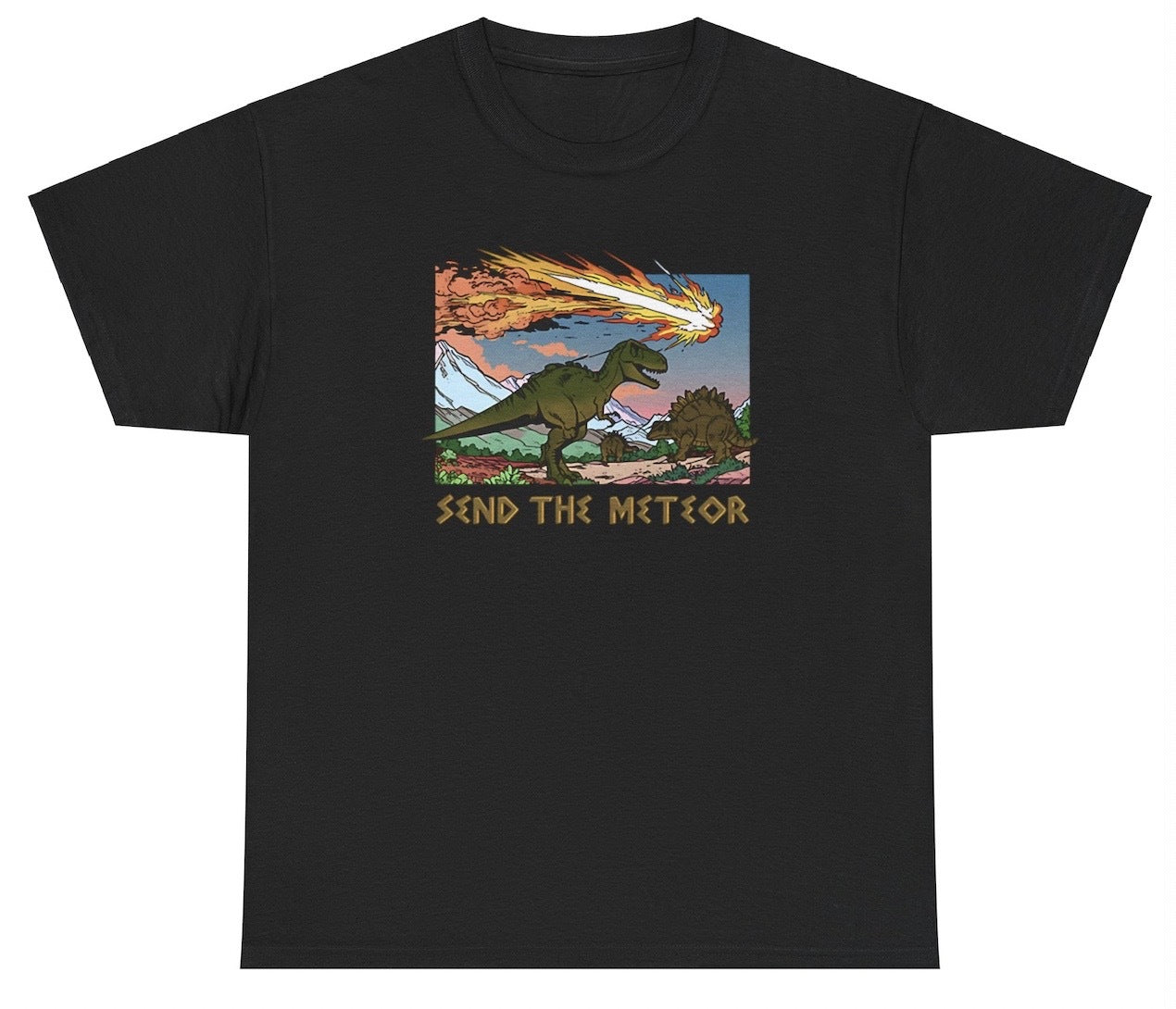 "Bold 'Send The Meteor' t-shirt, perfect for fans of dark humor and apocalyptic statements. Great for casual wear and sarcasm lovers."
