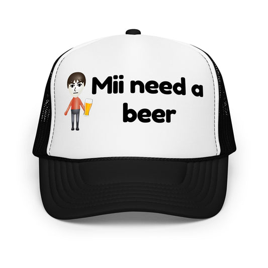 Funny drinking trucker hat for men with bold white text that says “Mii Need A Beer” — a crazy mesh-back hat inspired by gaming humor and beer culture, perfect for parties, funny hat lovers, and hilarious sayings fans.