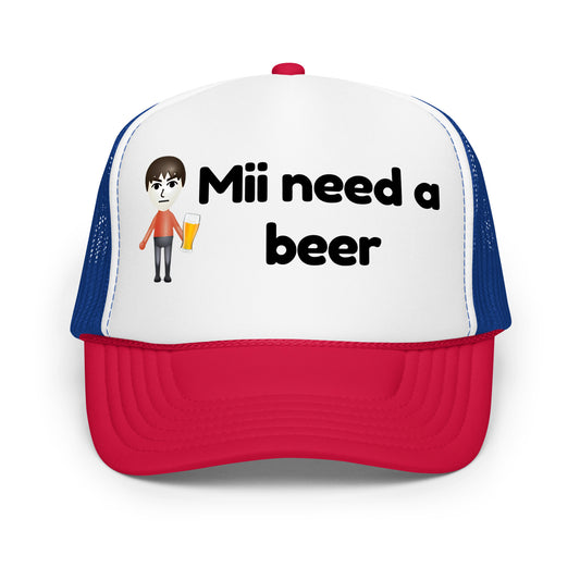 Funny drinking trucker hat for men with bold white text that says “Mii Need A Beer” — a crazy mesh-back hat inspired by gaming humor and beer culture, perfect for parties, funny hat lovers, and hilarious sayings fans.