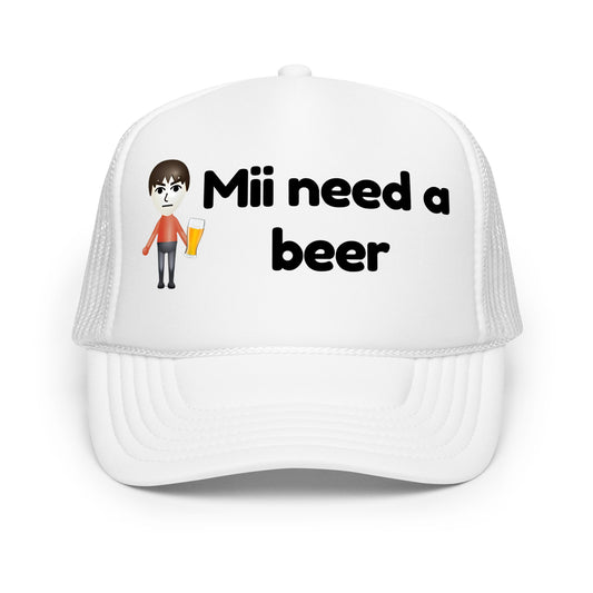 Funny drinking trucker hat for men with bold white text that says “Mii Need A Beer” — a crazy mesh-back hat inspired by gaming humor and beer culture, perfect for parties, funny hat lovers, and hilarious sayings fans.