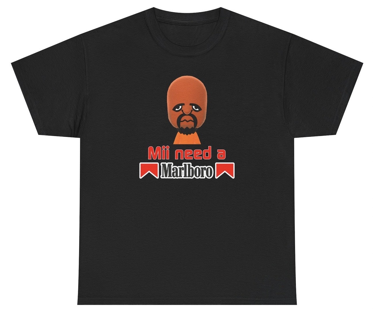 Funny "Mii Need A Cigarette" shirt featuring the classic Matt Mii character with gaming humor and meme culture references. Perfect for casual wear and gag gifts.