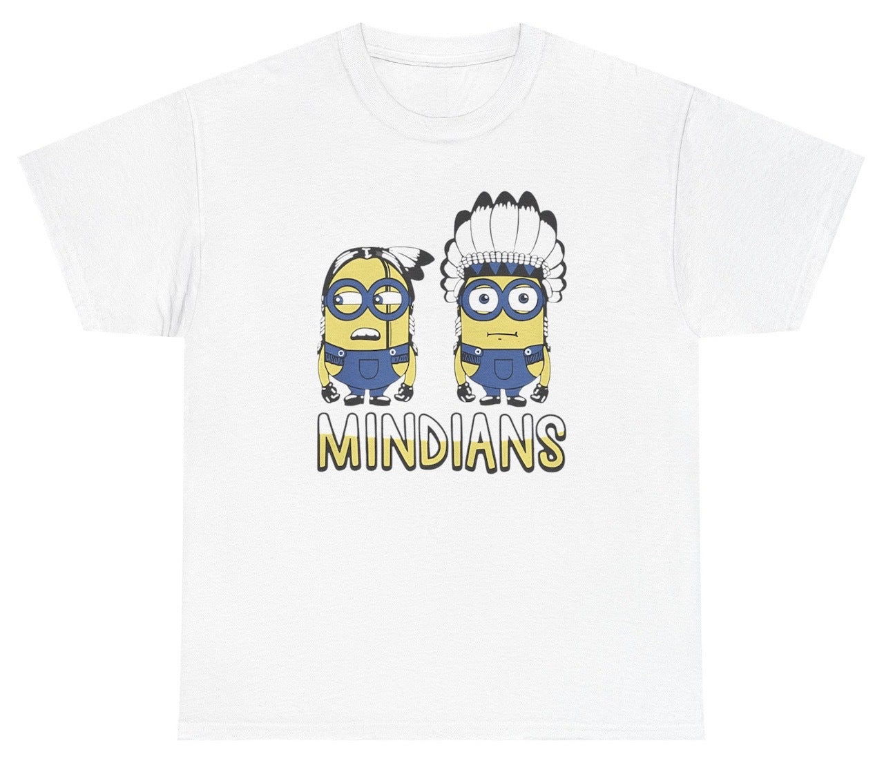 Funny Mindians T-Shirt featuring Minions dressed as Indians in a meme-inspired design, perfect for casual wear and movie humor lovers.
