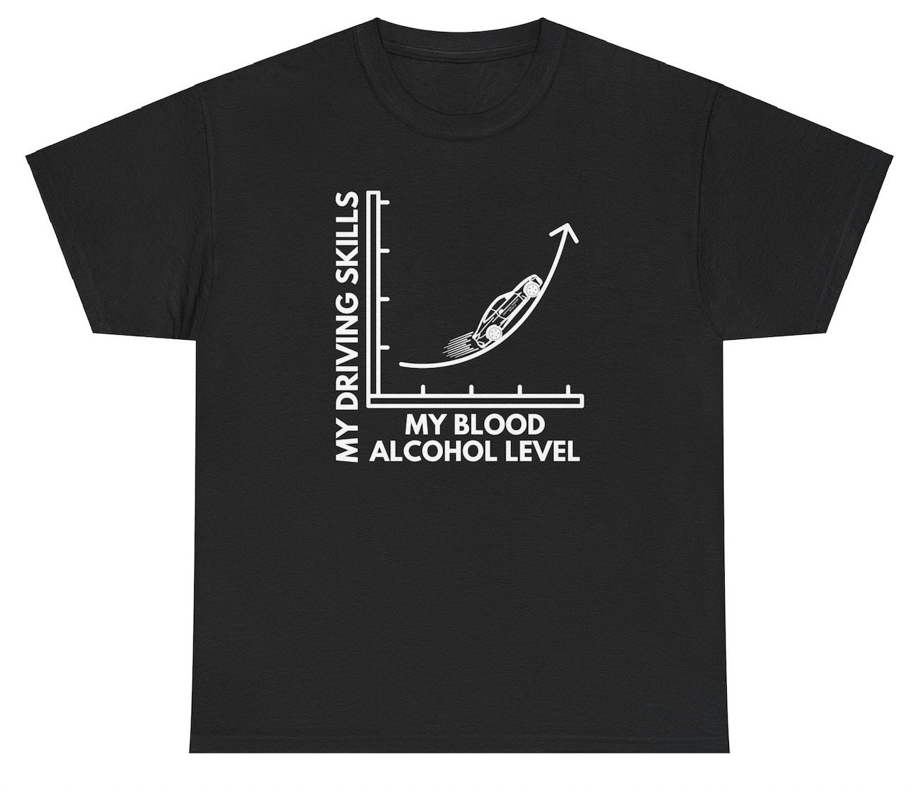 Funny "My Driving Skills My Blood Alcohol Level" shirt featuring an exponential graph joke about DUI humor. Perfect for casual wear, drinking parties, and gag gifts.