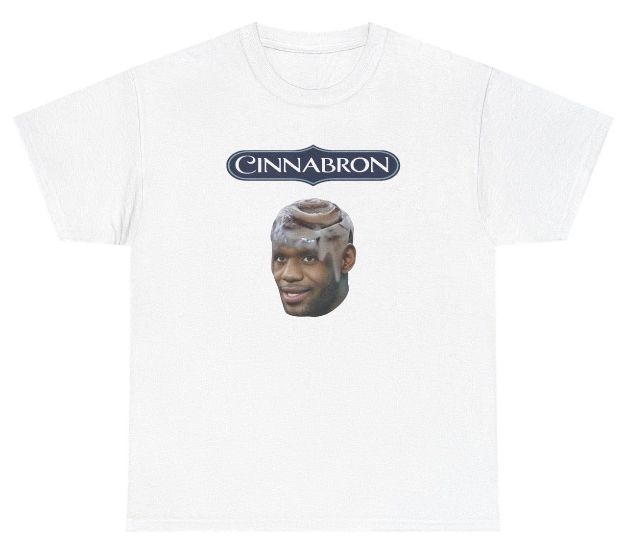 Funny Cinnabron Lebron James T Shirt featuring a cinnamon roll and Lebron James meme parody design, perfect for casual wear and humor lovers.