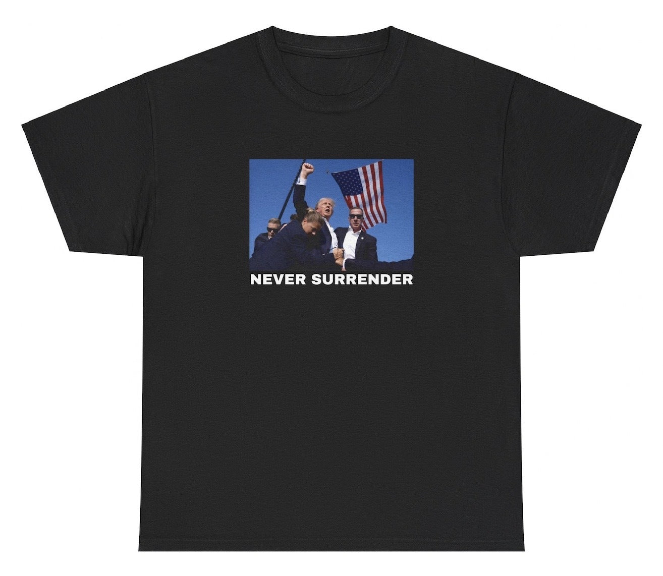 Bold "Never Surrender Trump Assassination Shot" t shirt, perfect for fans of political satire and humor. Great for casual wear, parties, and political events.