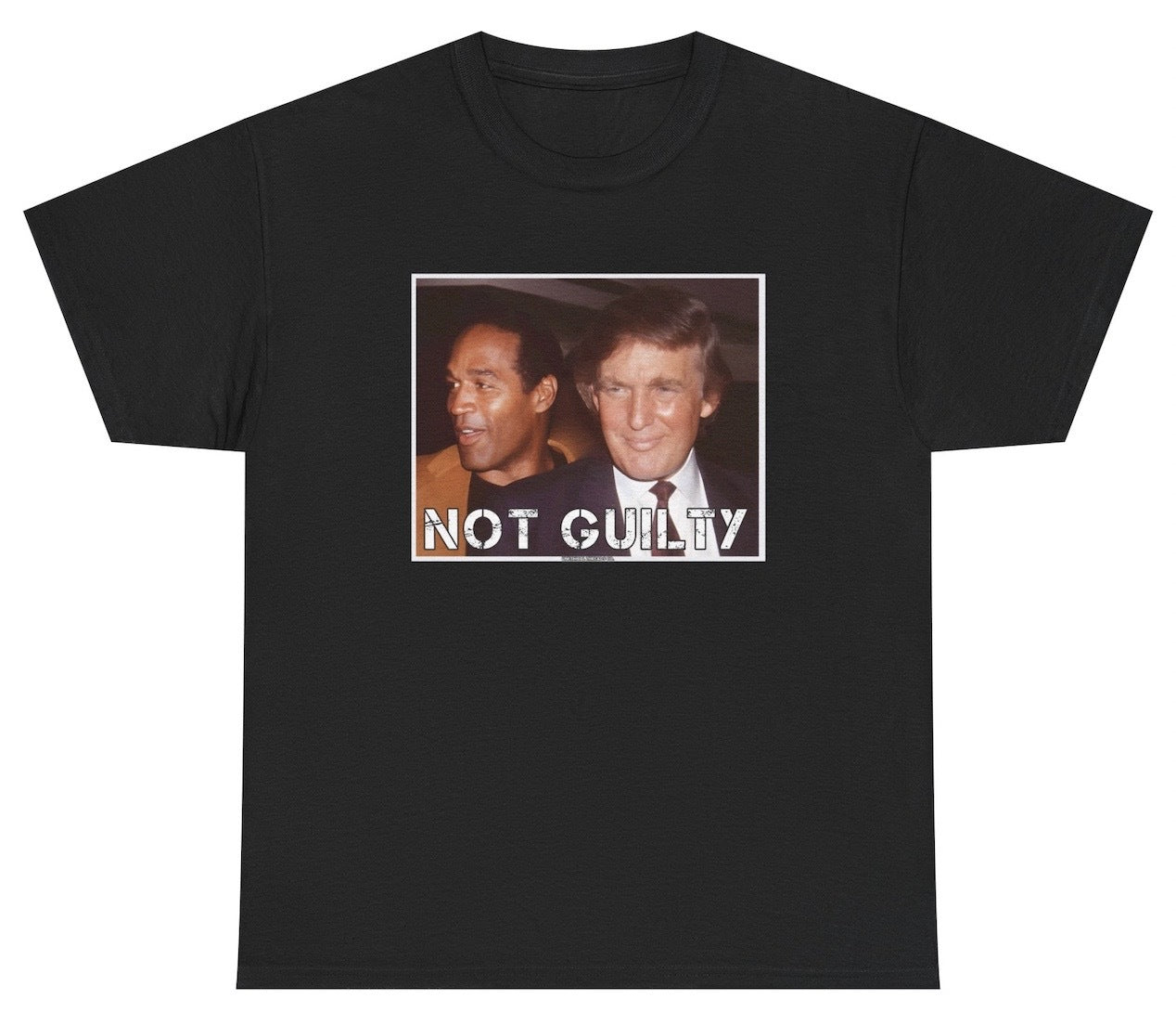 Funny Not Guilty Donald Trump OJ Simpson T-Shirt featuring political satire and meme humor, ideal for casual wear and humor lovers.