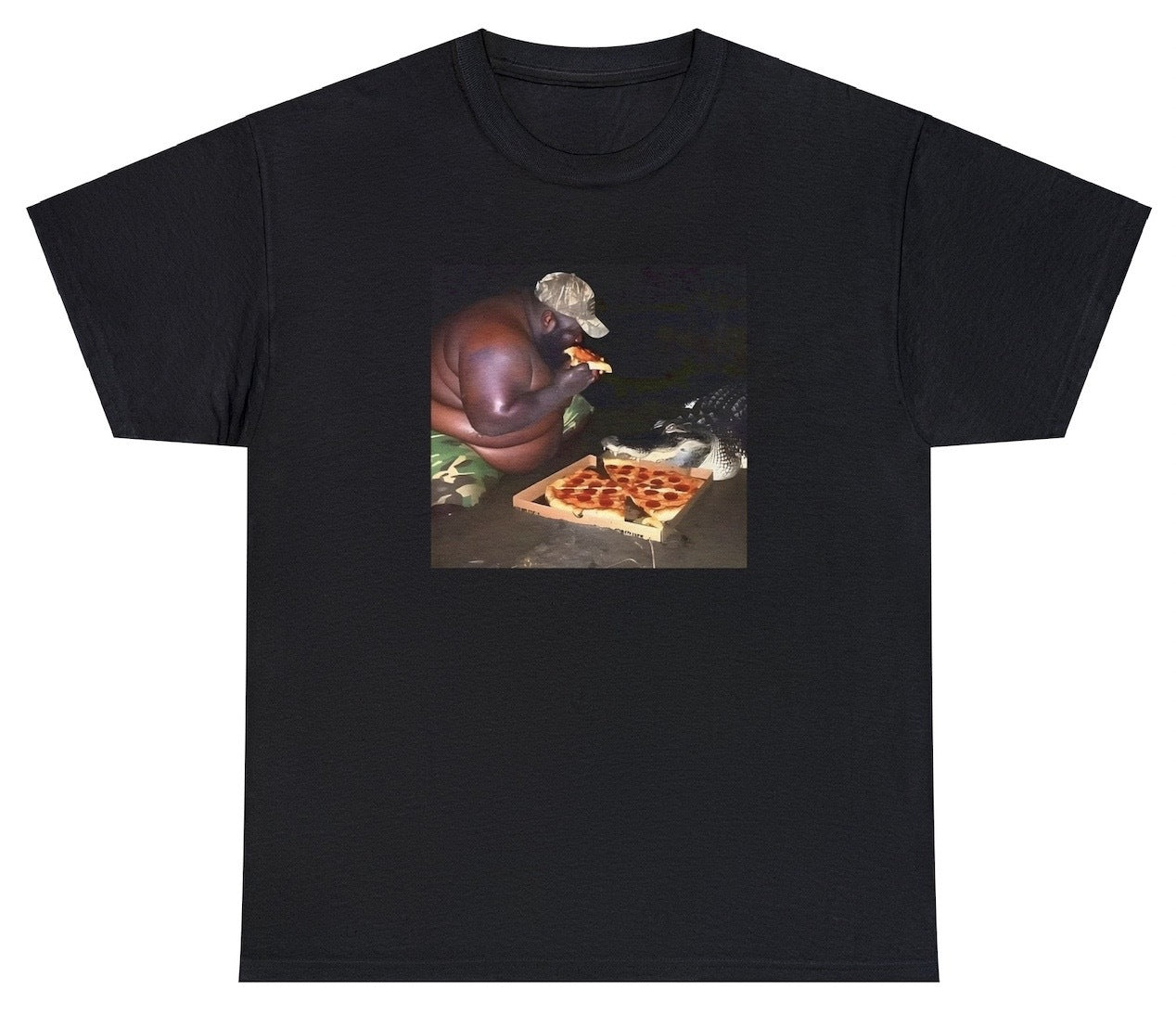 "Funny 'Gumbo Slice Eating A Slice Of Pizza' t-shirt featuring playful humor, perfect for fans of quirky and bold designs."