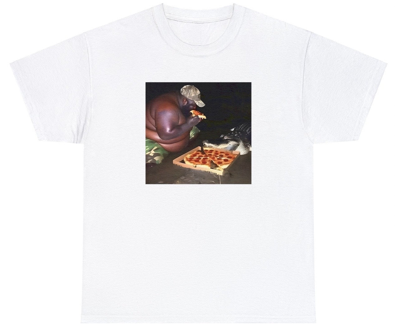 "Funny 'Gumbo Slice Eating A Slice Of Pizza' t-shirt featuring playful humor, perfect for fans of quirky and bold designs."