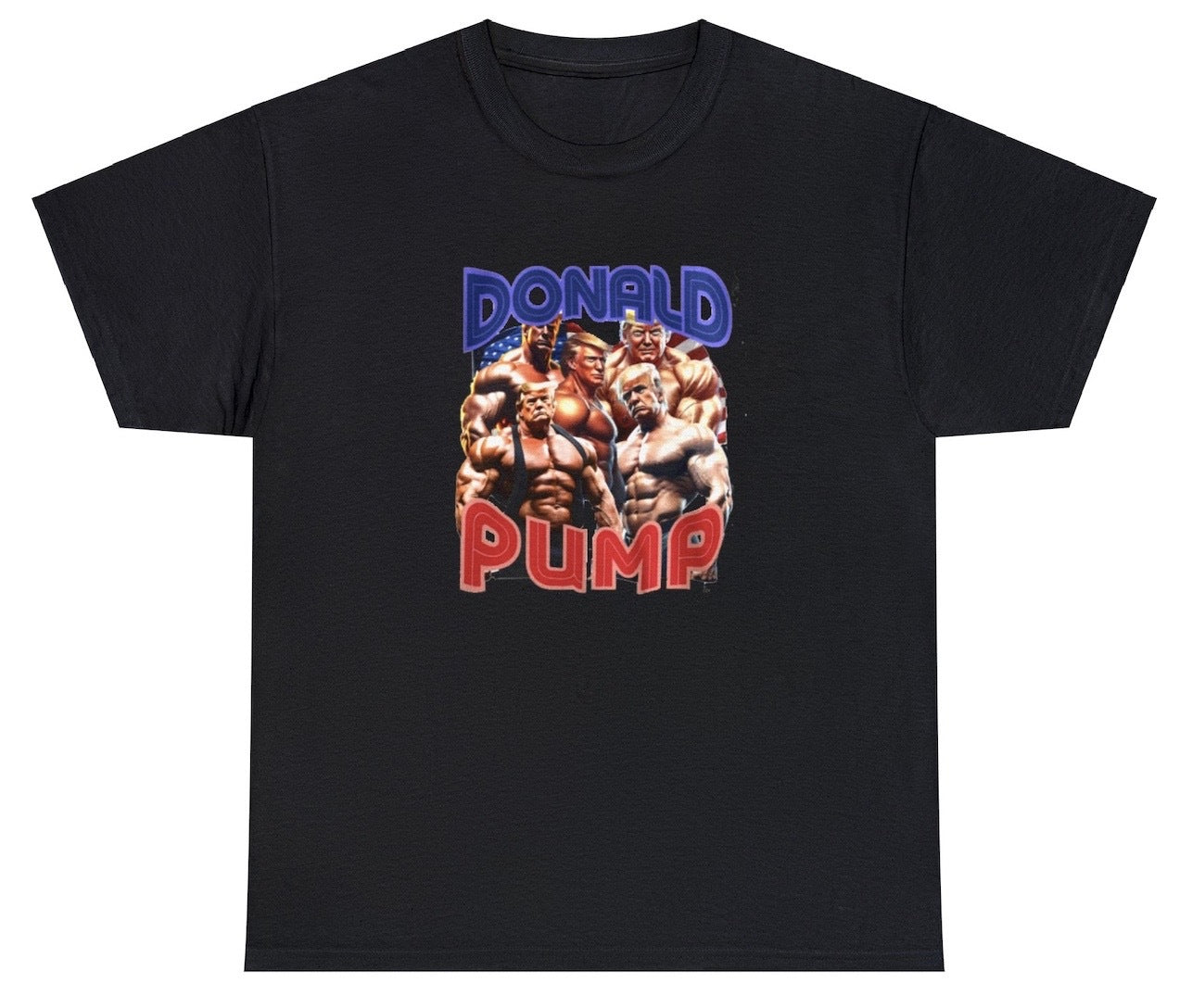 "Playful 'Donald Pump' t-shirt, perfect for fitness lovers and fans of political humor. Great for casual wear and gym sessions."