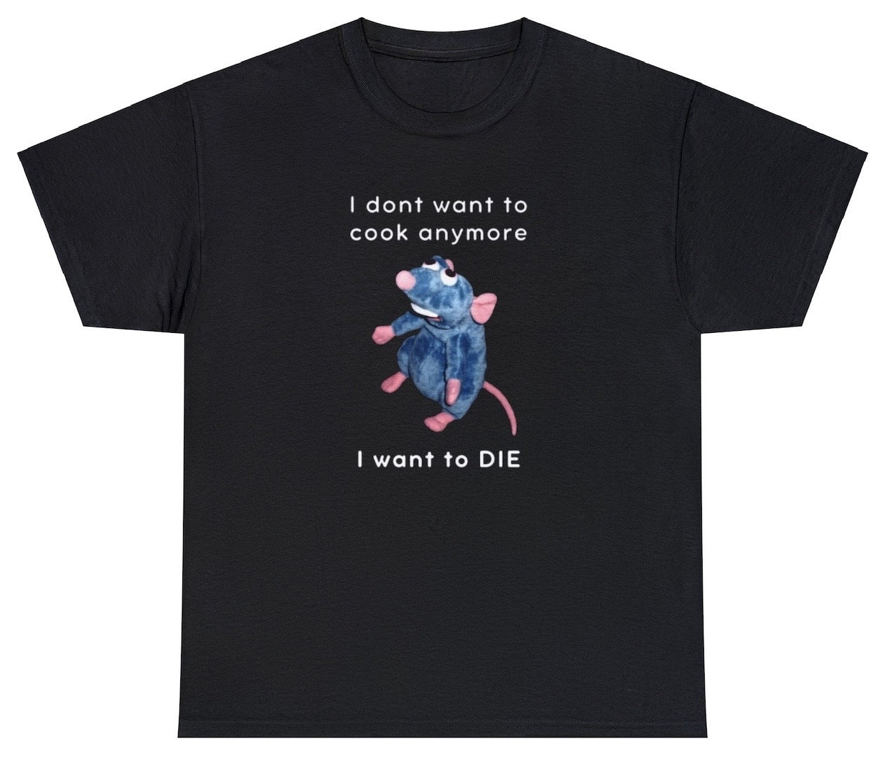 "Witty 'I Don’t Want To Cook Anymore' t-shirt, perfect for fans of relatable humor and everyday struggles. Ideal for casual wear and lazy days."