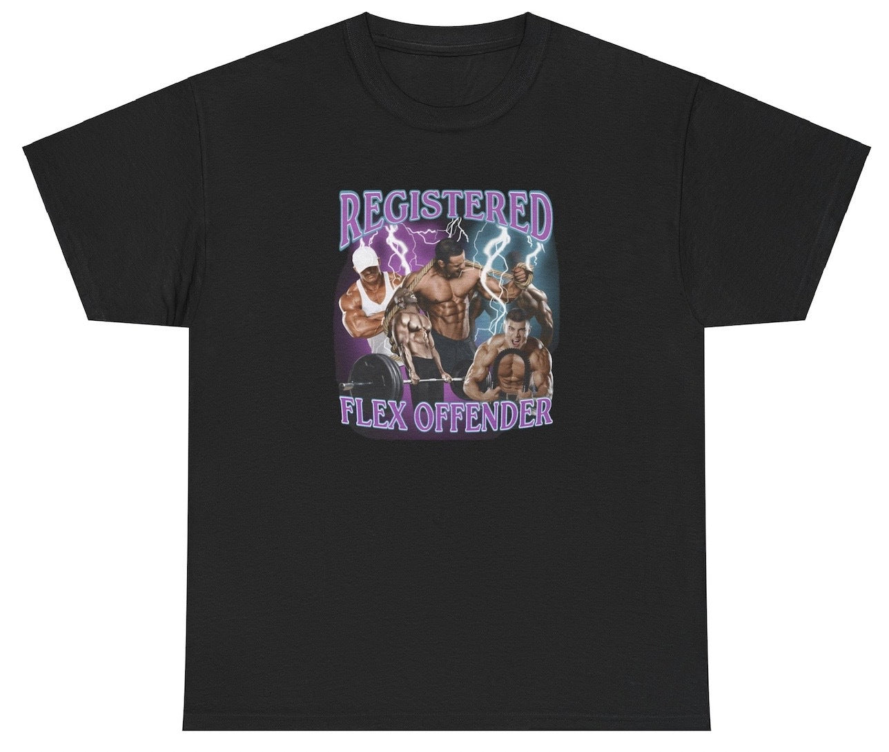 "Funny 'Registered Flex Offender' t-shirt, perfect for gym lovers and fans of bold humor. Great for casual wear and gag gifts."