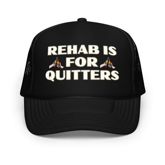 Funny drinking trucker hat for men with bold text that says “Rehab Is For Quitters” — a hilarious beer-themed mesh hat featuring crazy sayings, perfect for parties, bold humor, and fans of inappropriate and funny hats for men.