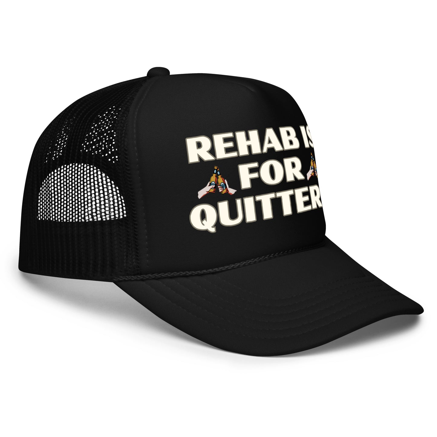 Funny drinking trucker hat for men with bold text that says “Rehab Is For Quitters” — a hilarious beer-themed mesh hat featuring crazy sayings, perfect for parties, bold humor, and fans of inappropriate and funny hats for men.
