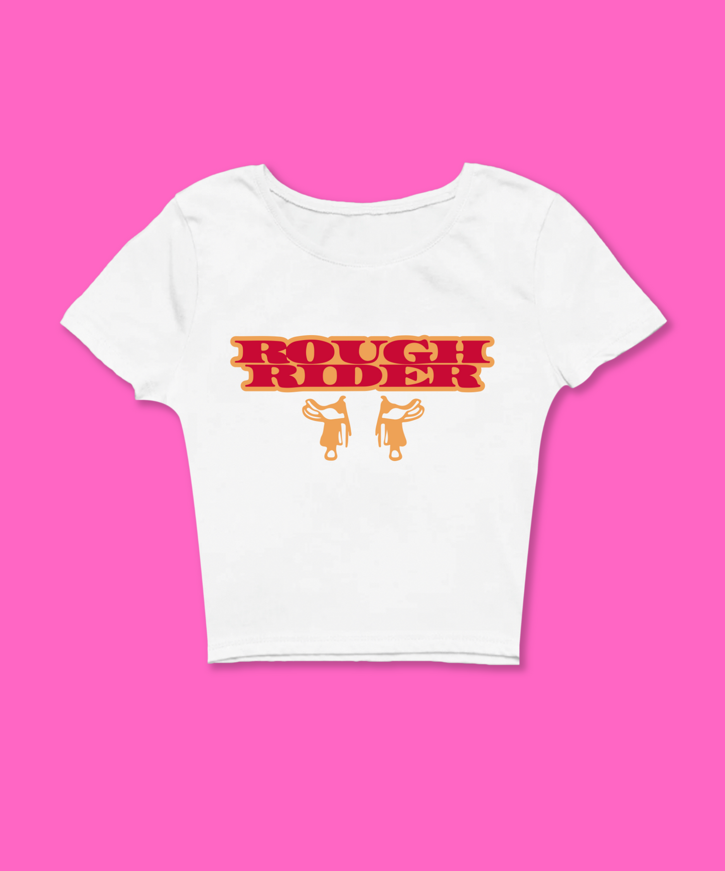 Rough Rider Baby Tee featuring a bold graphic and Y2K aesthetic. This funny baby tee is a women’s crop top available as a black baby tee or white baby tee, perfect for those who love graphic baby tees and Y2K baby tee fashion.