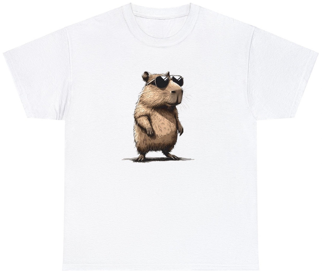 "Adorable 'Capybara Sunglasses' t-shirt, perfect for fans of cute animal humor and laid-back vibes. Ideal for casual wear and fun gifts."