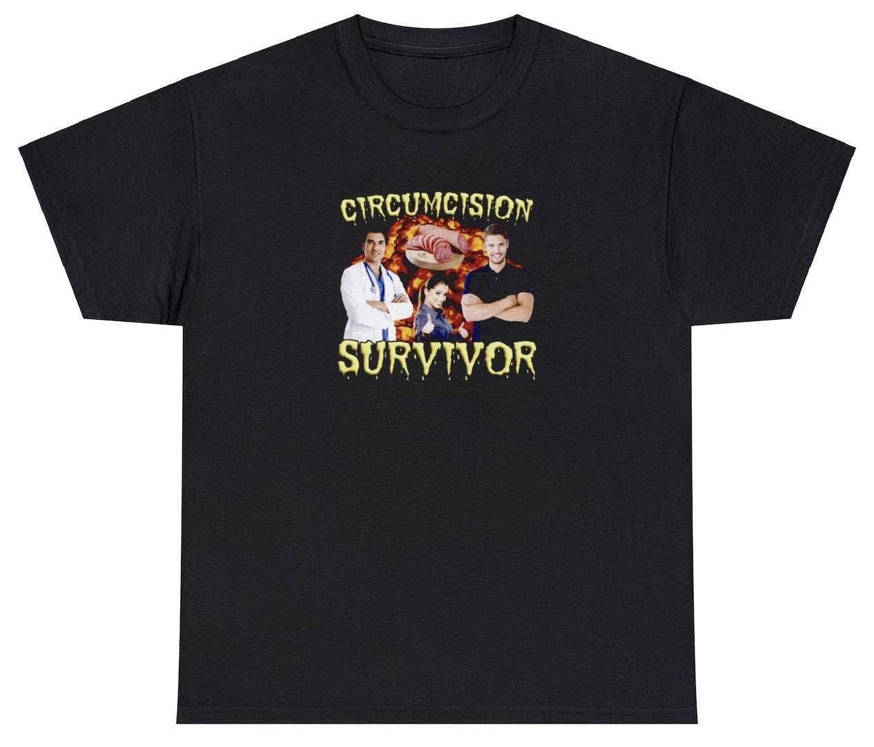"Bold 'Circumcision Survivor' t-shirt, perfect for fans of dark humor and provocative statements. Ideal for casual wear and edgy gifts."