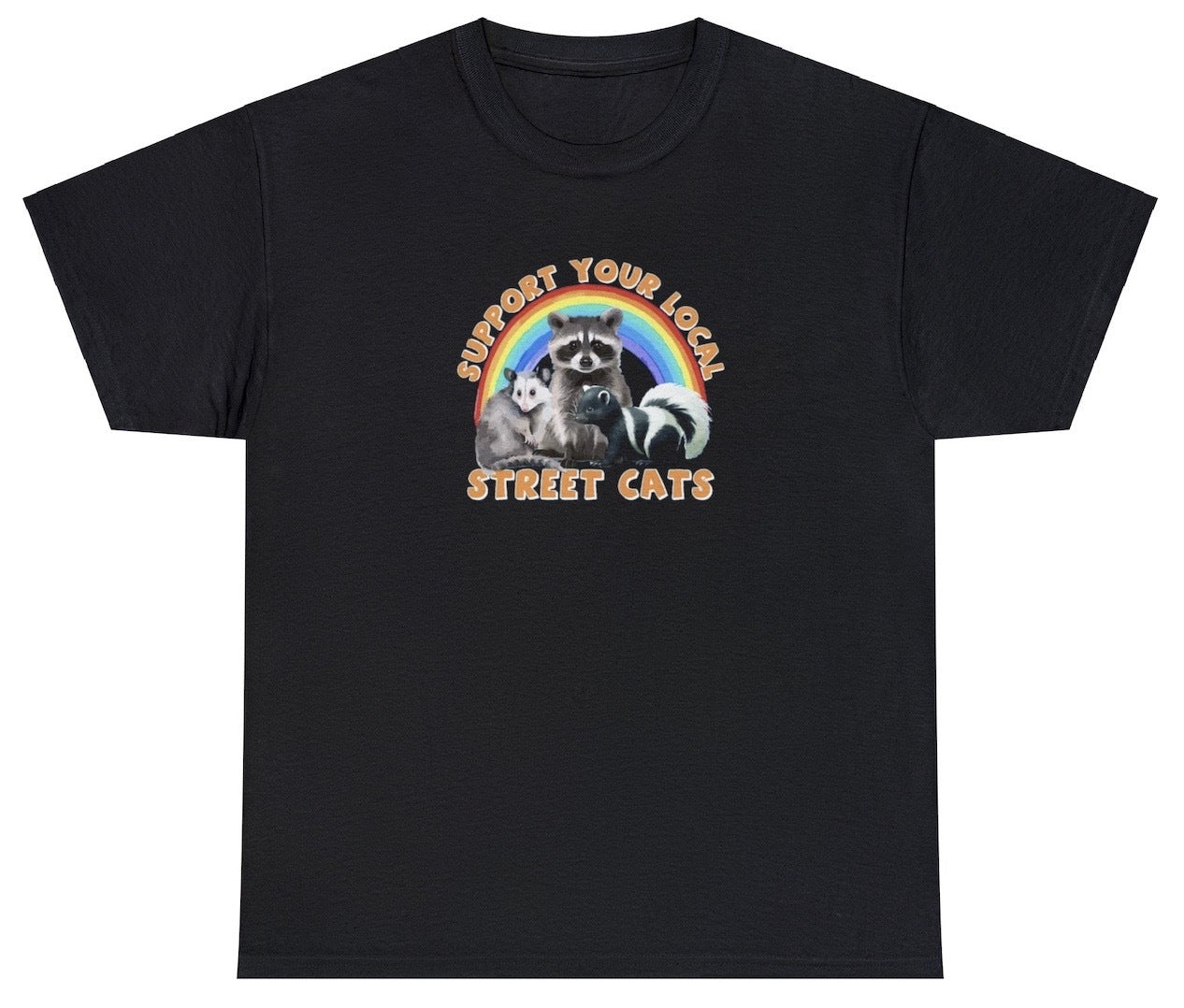 "Heartwarming 'Support Your Local Street Cats' t-shirt, perfect for cat lovers and animal advocates. Ideal for casual wear or gifts."