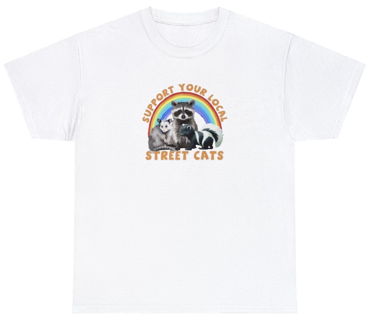 "Heartwarming 'Support Your Local Street Cats' t-shirt, perfect for cat lovers and animal advocates. Ideal for casual wear or gifts."