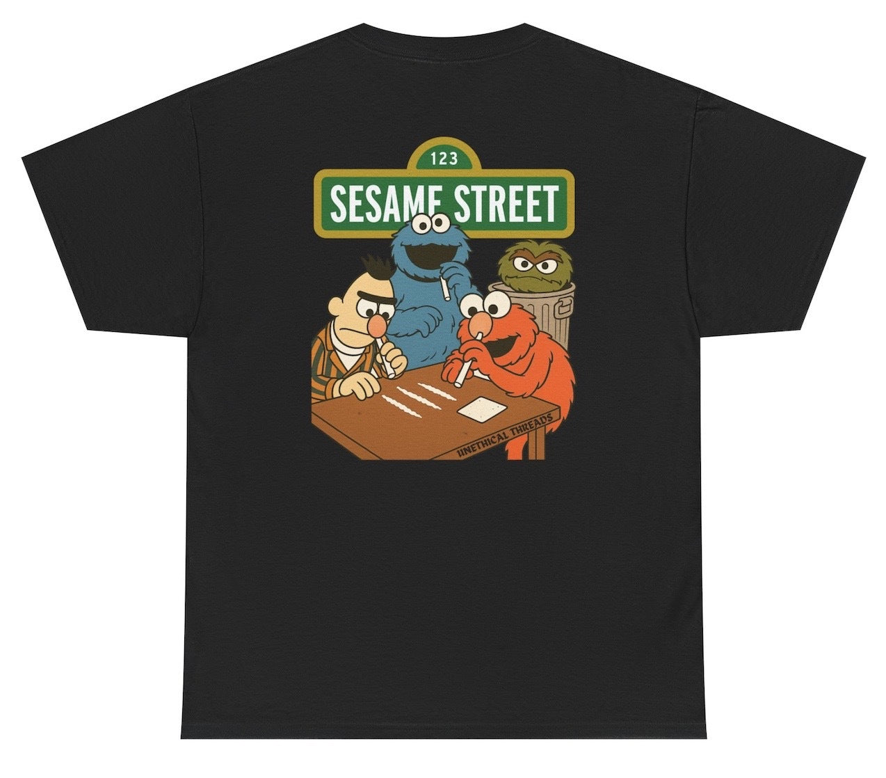 This “Sesame Street” tee takes a dark, unhinged twist on childhood nostalgia, featuring the beloved characters in a chaotic, inappropriate scene straight from the cursed corners of the internet. Perfect for meme lovers with a twisted sense of humor and those who appreciate irony over innocence.