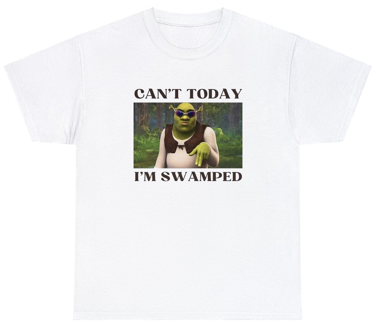 "Funny 'Can't Today, I'm Swamped' t-shirt featuring playful humor and relatable design, perfect for casual wear and witty humor lovers."