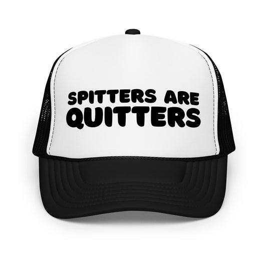 Bold black funny mesh trucker hat with black text that says “Spitters Are Quitters” — an inappropriate drinking hat for men with dirty humor, hilarious party vibes, and top-tier funny hat sayings.
