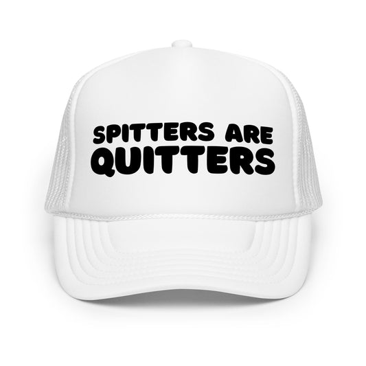 Bold white funny mesh trucker hat with black text that says “Spitters Are Quitters” — an inappropriate drinking hat for men with dirty humor, hilarious party vibes, and top-tier funny hat sayings.