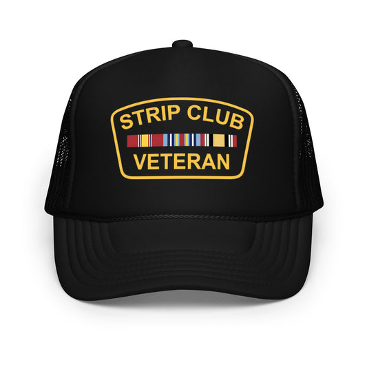 Funny inappropriate trucker hat that reads “Strip Club Veteran” in military-style text — a hilarious gift hat for men who love crazy humor, drinking hats, and bold party statements.