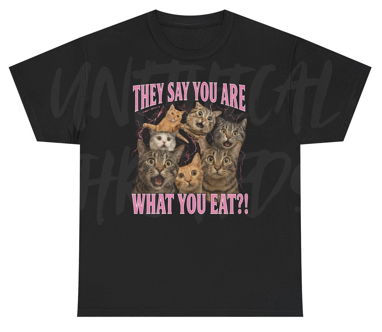 Six terrified cats with wide eyes are featured on a graphic above bold pink text that reads “They Say You Are What You Eat?!”, delivering unhinged, inappropriate meme humor.