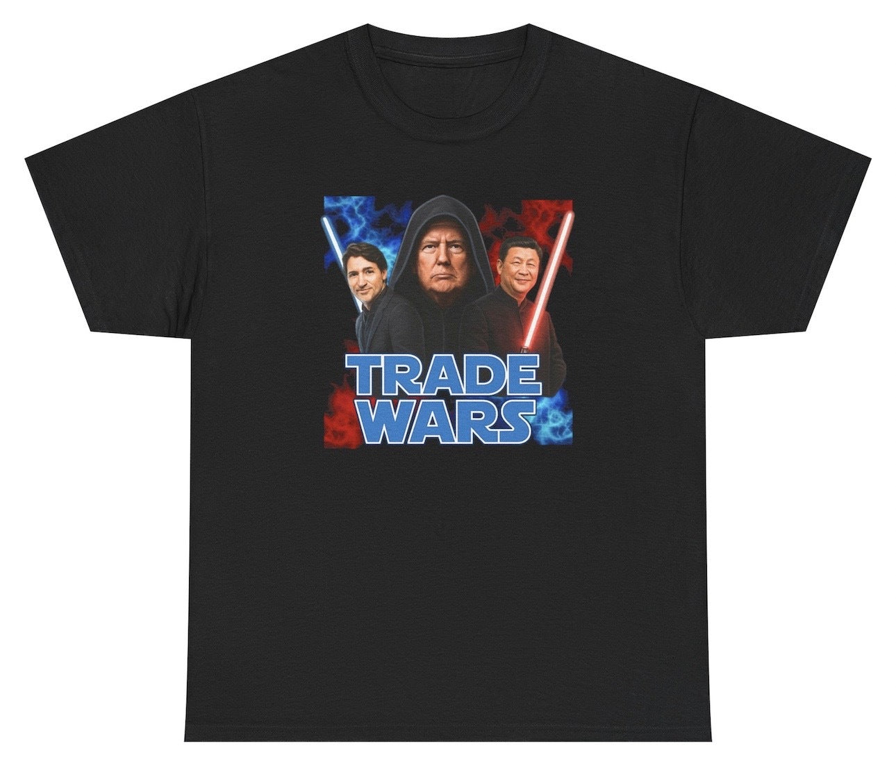 “Trade Wars” parody design featuring Trump, Xi Jinping, and Justin Trudeau styled as Star Wars characters, with lightsabers and sci-fi robes, mimicking a dramatic galactic standoff.