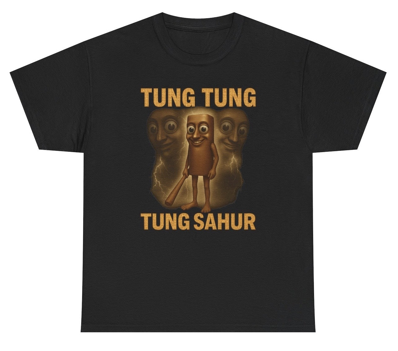 Alt text: Meme-style graphic of a wooden humanoid character with exaggerated eyes holding a bat, surrounded by lightning and ghostly duplicates, with bold marquee text reading “TUNG TUNG” at the top and “TUNG SAHUR” at the bottom—radiating chaotic Gen Z, sahur-core energy.