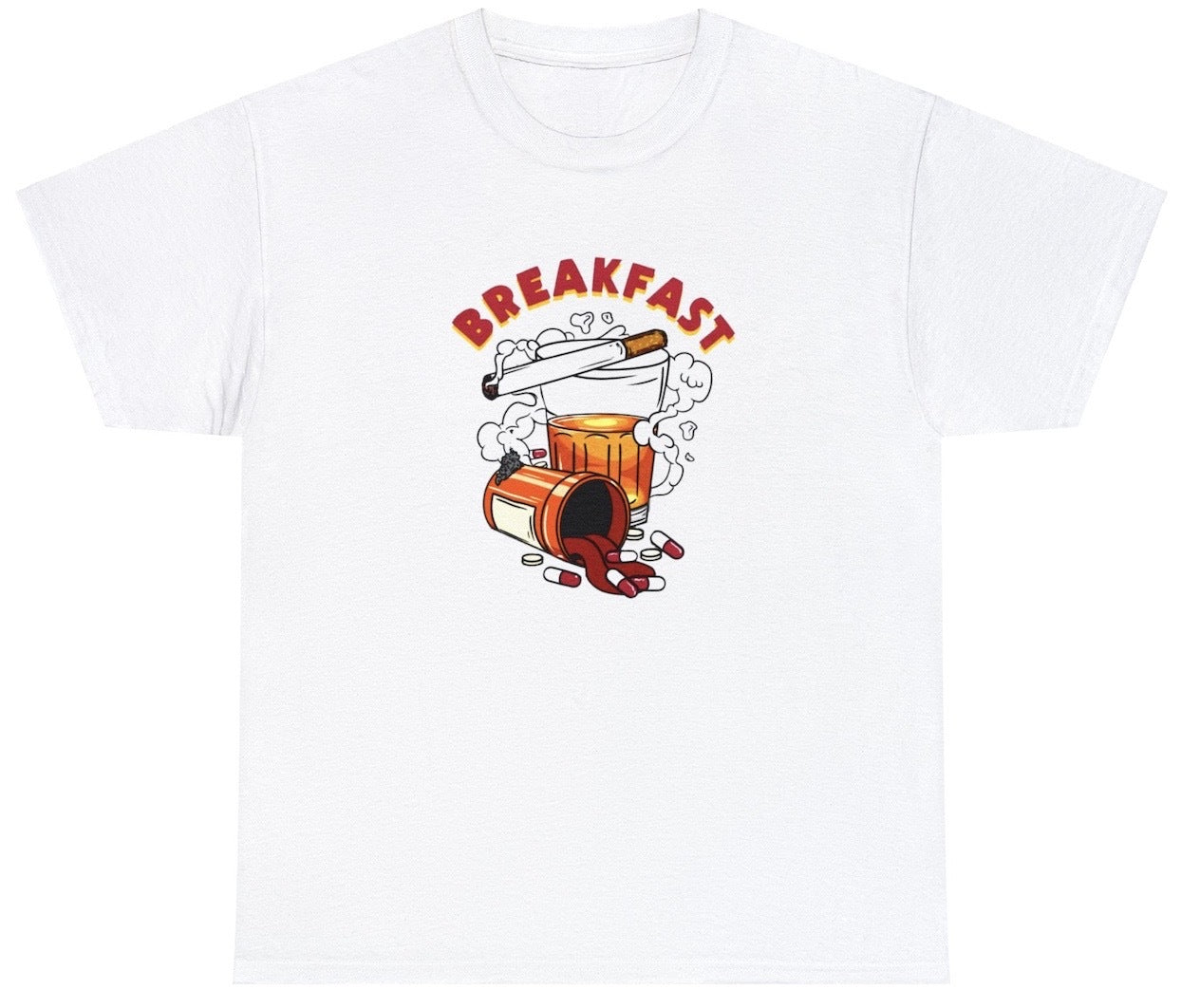 "Edgy 'Breakfast Whiskey Cigarette' tee, perfect for fans of bold humor and rebellious statements. Ideal for casual wear and fun gifts."