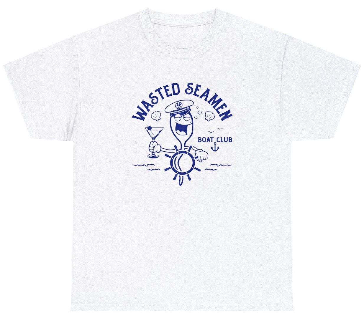 "Cheeky 'Wasted Seamen' t-shirt, perfect for nautical enthusiasts and fans of playful humor. Great for casual wear and beach parties."