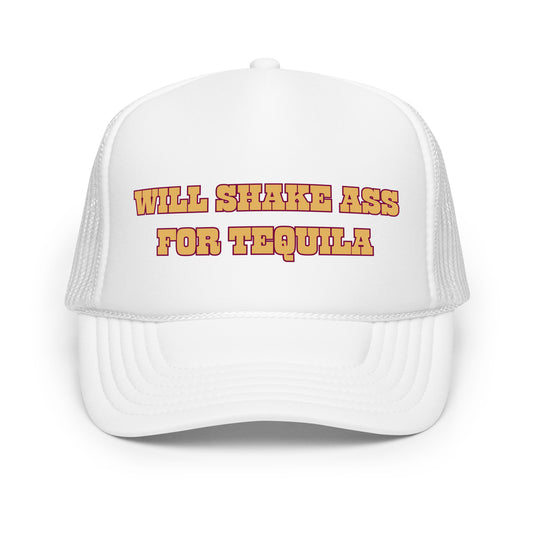 Funny drinking trucker hat for men with bold orange text that says “Will Shake Ass For Tequila” — a crazy mesh-back hat with hilarious sayings, perfect for parties, tequila lovers, and fans of funny hats for men with wild humor.