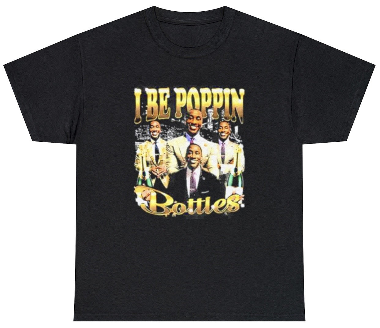 "Funny 'I Be Popping Bottles' t-shirt featuring drinking humor and party-themed design, perfect for fans of bold and witty humor."