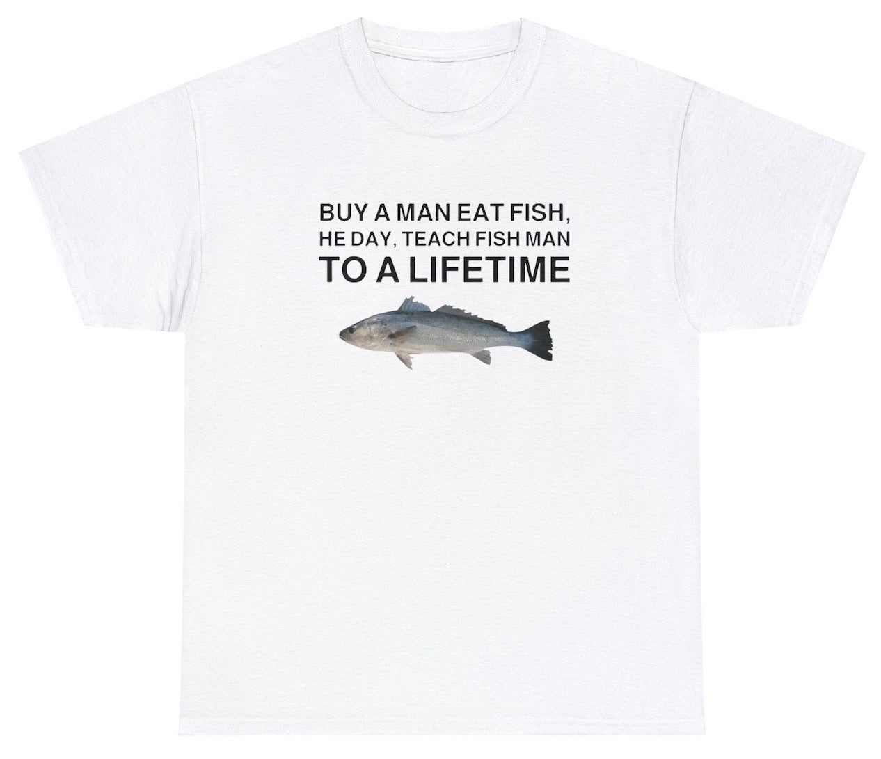 "Funny 'Buy Man Fish' t-shirt featuring quirky humor and clever wordplay, perfect for fishing fans and witty designs."